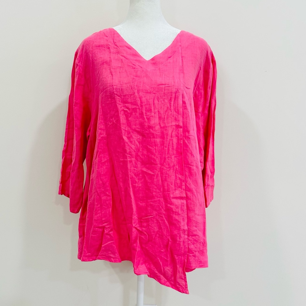 Match Point Top Women’s Size S Pink Linen Casual Basic 3/4 Sleeve Blouse USA